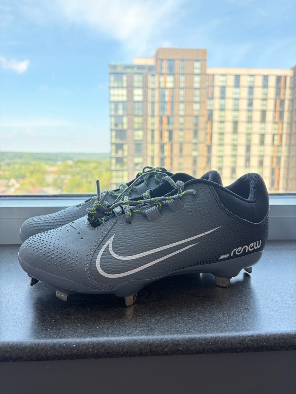 Nike Renew Softball Grey Metal Athletic Cleats with White Swoosh